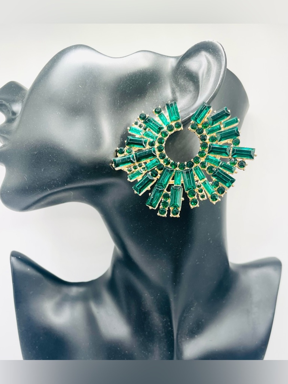 Green Rhinestone Statement Earrings - Picture 6 of 7